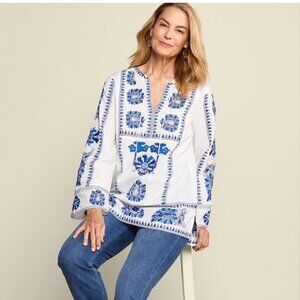 Soft Surroundings NEW Vera Blue Floral Embroidered Cotton Tunic Top size PXL